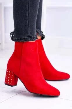 Ciepłe Damskie Botki Na Słupku Czerwone Jokasta Damskie Botki Na Słupku|Botki Zimowe Damskie