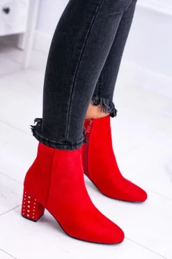 Ciepłe Damskie Botki Na Słupku Czerwone Jokasta Damskie Botki Na Słupku|Botki Zimowe Damskie