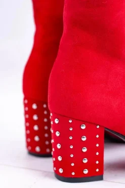 Ciepłe Damskie Botki Na Słupku Czerwone Jokasta Damskie Botki Na Słupku|Botki Zimowe Damskie