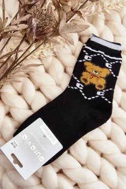 Skarpetki|Skarpetki>Aura.via Ciepłe Skarpety Bawełniane Z Misiem Czarne Czarny