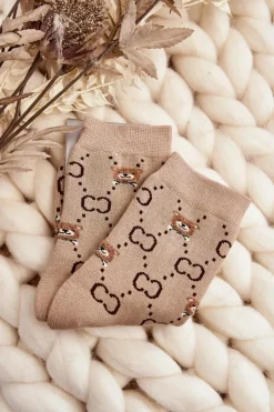 Best Aura.via Ciepłe Skarpety Bawełniane Z Misiami Beżowe