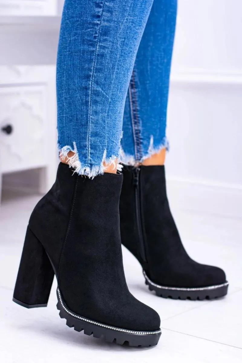 Best Czarne botki na słupku Guriela Suede Damskie Botki Na Słupku|Czarne Botki