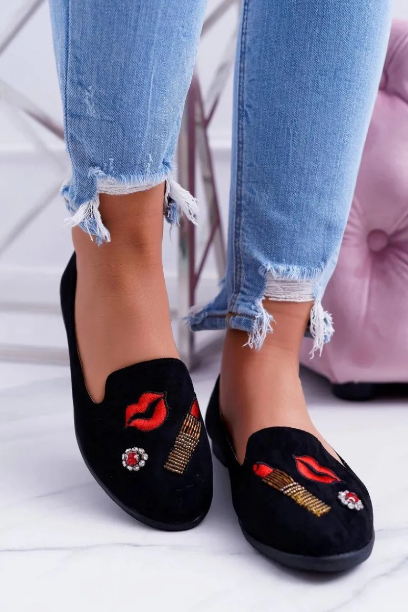 Baleriny Klasyczne>Boto Czarne Damskie Baleriny Naszywki Lipstick