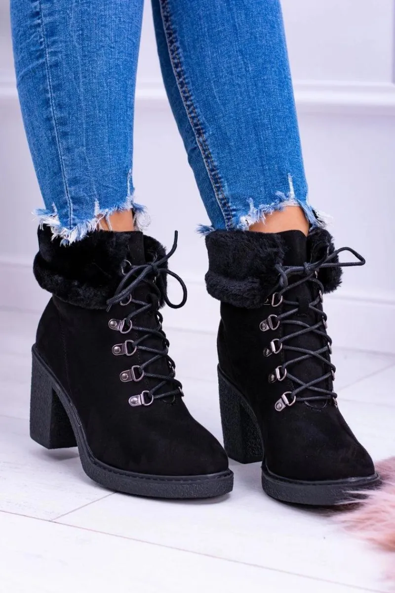 Botki Na Słupku|Botki Sznurowane>Boto Czarne Damskie Botki Z Futerkiem Na Słupku Influence