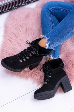 Botki Na Słupku|Botki Sznurowane>Boto Czarne Damskie Botki Z Futerkiem Na Słupku Influence