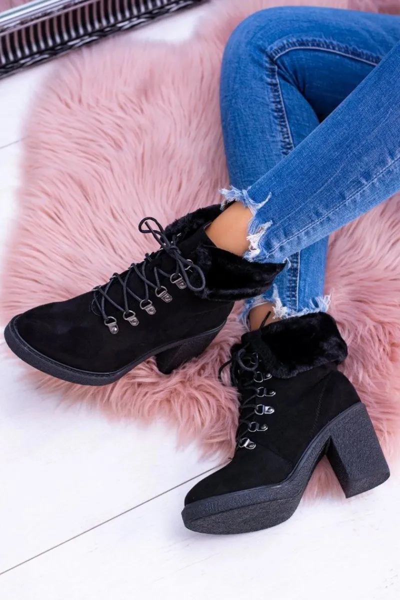 Botki Na Słupku|Botki Sznurowane>Boto Czarne Damskie Botki Z Futerkiem Na Słupku Influence