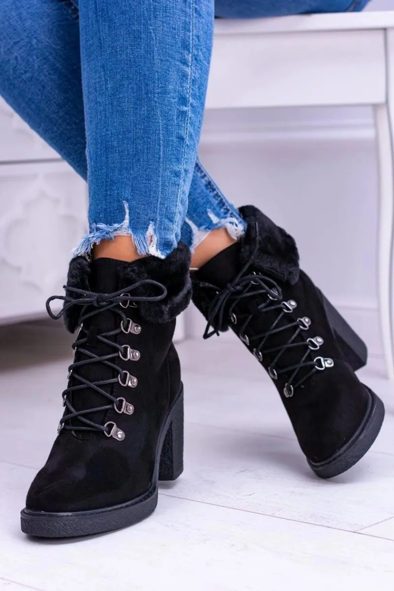 Botki Na Słupku|Botki Sznurowane>Boto Czarne Damskie Botki Z Futerkiem Na Słupku Influence