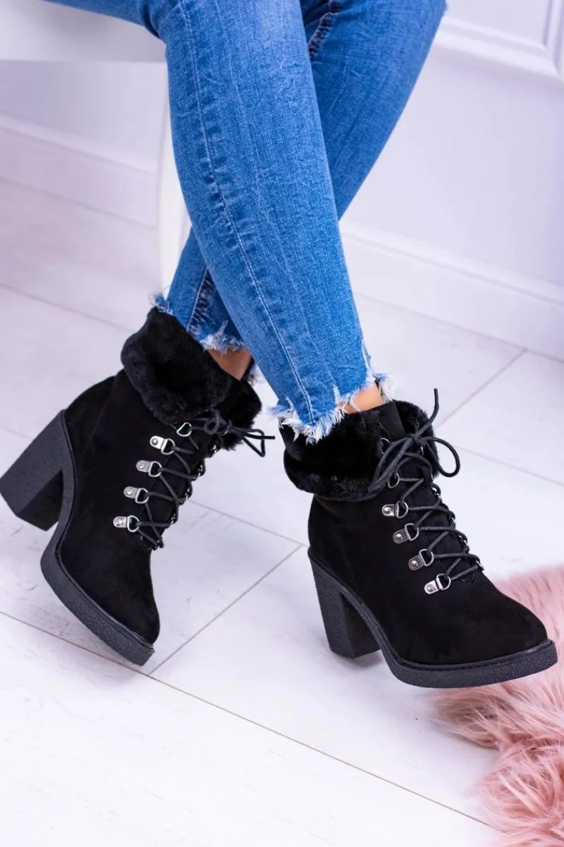 Botki Na Słupku|Botki Sznurowane>Boto Czarne Damskie Botki Z Futerkiem Na Słupku Influence