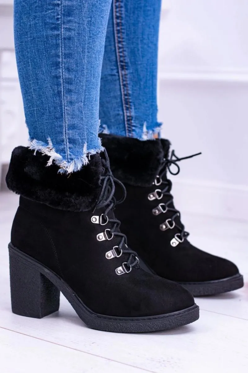 Botki Na Słupku|Botki Sznurowane>Boto Czarne Damskie Botki Z Futerkiem Na Słupku Influence