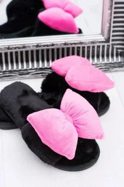 New Czarne Damskie Klapki Lu Boo Duże Różowe Kokardy Floppy Damskie Klapki Damskie Klasyczne