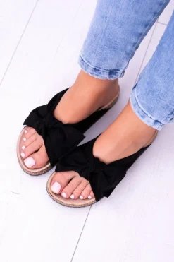 Klapki Korkowe|Klapki Damskie Klasyczne>Boto Czarne Damskie Klapki Z Kokardami Na Korku Sunshine