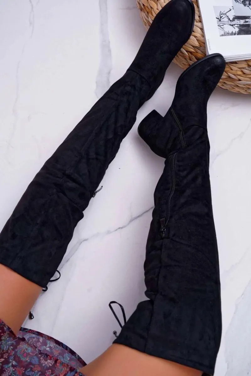 Hot Czarne Damskie Kozaki Ocieplane Zamszowe Barski 98-7 Damskie Kozaki Płaskie