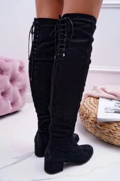 Hot Czarne Damskie Kozaki Ocieplane Zamszowe Barski 98-7 Damskie Kozaki Płaskie