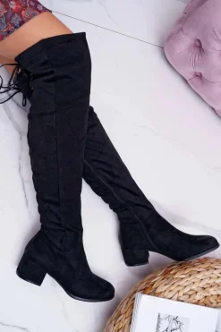 Hot Czarne Damskie Kozaki Ocieplane Zamszowe Barski 98-7 Damskie Kozaki Płaskie