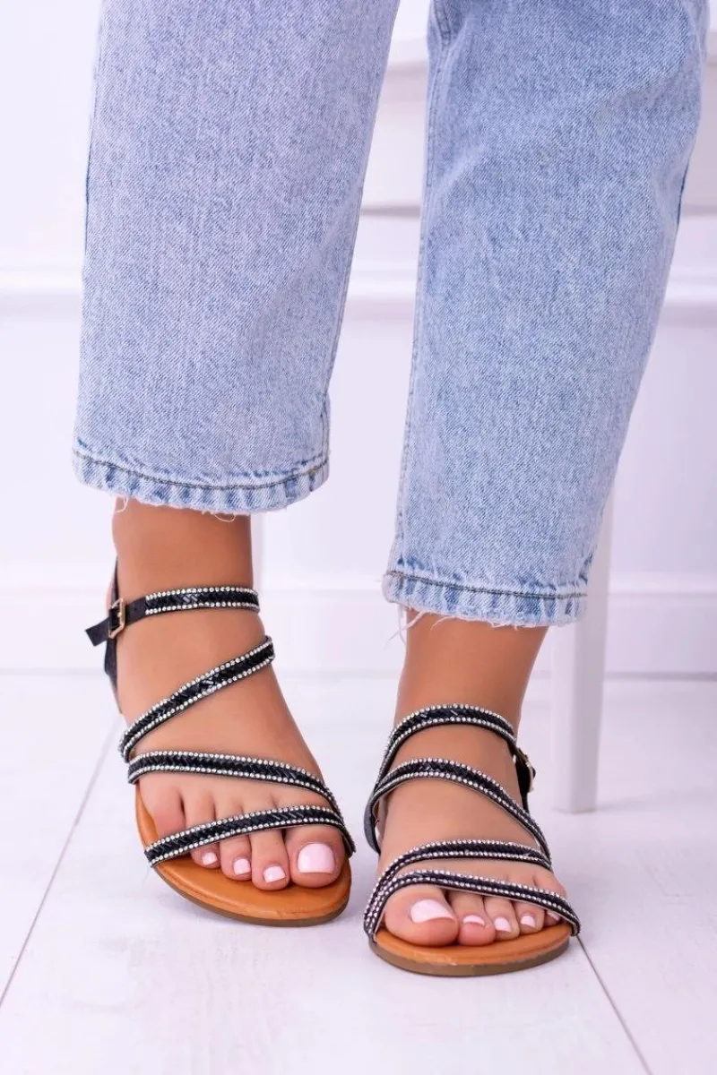 Best Czarne Damskie Sandały Z Cyrkoniami Ferragosto Damskie Sandały Płaskie