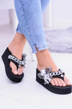 New Czarne Ekstrawaganckie Klapki na Koturnie Shock Damskie Klapki Na Koturnie|Klapki Na Obcasie