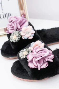 Clearance Boto Czarne Klapki Damskie Z Kwiatkami Lu Boo Bouquet