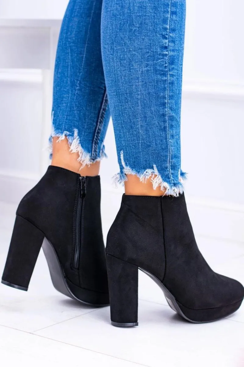 Botki Na Słupku|Czarne Botki>Boto Czarne Nubukowe Botki na Słupku Emoretto