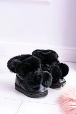 Clearance Czarne Ocieplane Dziecięce Młodzieżowe Botki Śniegowce Roofy Dzieci Dziewczęce|Chłopięce
