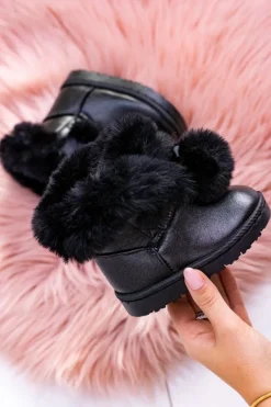 Clearance Czarne Ocieplane Dziecięce Młodzieżowe Botki Śniegowce Roofy Dzieci Dziewczęce|Chłopięce