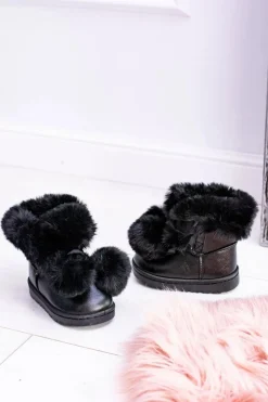 Clearance Czarne Ocieplane Dziecięce Młodzieżowe Botki Śniegowce Roofy Dzieci Dziewczęce|Chłopięce