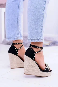 Best Boto Czarne Sandały Na Koturnie Espadryl Ćwieki Dżety Narumi