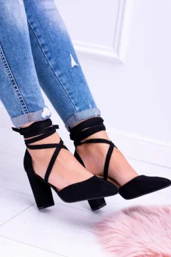 Clearance Boto Czarne Wiązane Czółenka Na Słupku Demmi