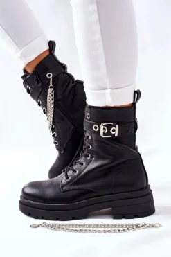 Clearance Boto Czarne Workery Botki z Łańcuchem Midtown