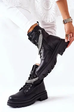 Clearance Boto Czarne Workery Botki z Łańcuchem Midtown