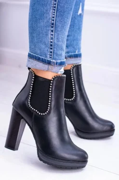 Botki Na Słupku|Czarne Botki>Boto Czarne Wsuwane Botki Na Słupku Bernatt