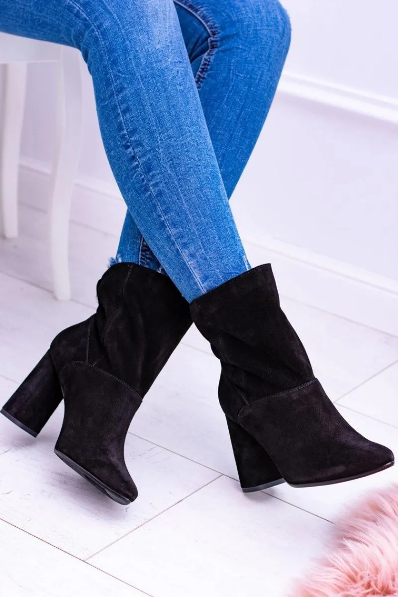 New Czarne Wysokie Zamszowe Botki na Słupku 1857 Damskie Botki Na Słupku|Brązowe I Beżowe Botki