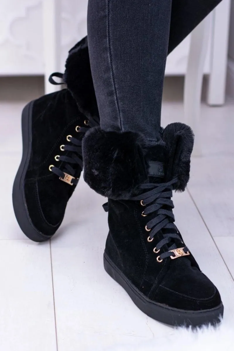Damskie Trapery|Botki Sznurowane>Boto Czarne Zamszowe Botki LU BOO Timberki z Futrem