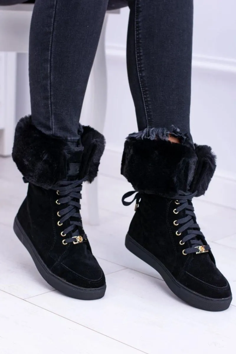 Damskie Trapery|Botki Sznurowane>Boto Czarne Zamszowe Botki LU BOO Timberki z Futrem
