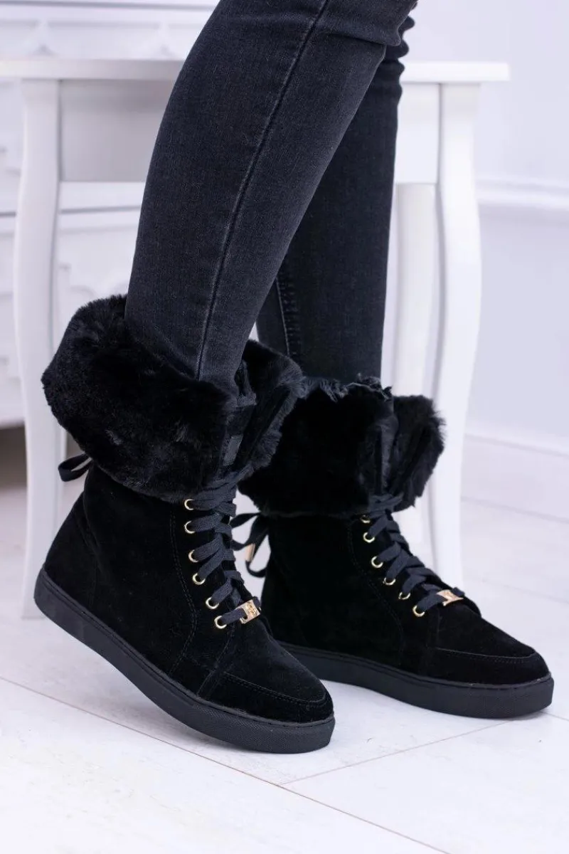 Damskie Trapery|Botki Sznurowane>Boto Czarne Zamszowe Botki LU BOO Timberki z Futrem