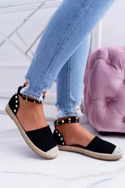 Baleriny Klasyczne></noscript>Boto Czarne Zamszowe Espadryle Balerinki z Ćwiekami Christelle