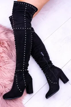 Kozaki Wiosenne|Kozaki Na Obcasie>Boto Czarne Zamszowe Kozaki Za Kolano Muszkieterki Ćwieki Almo