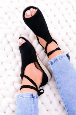 Best Czarne Zamszowe Sandały na Lekkim koturnie Espanoso Damskie Sandały Płaskie