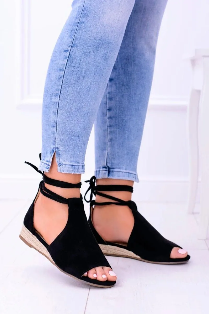 Best Czarne Zamszowe Sandały na Lekkim koturnie Espanoso Damskie Sandały Płaskie