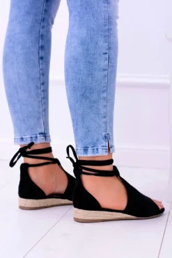 Best Czarne Zamszowe Sandały na Lekkim koturnie Espanoso Damskie Sandały Płaskie