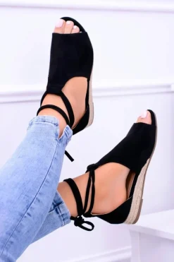 Best Czarne Zamszowe Sandały na Lekkim koturnie Espanoso Damskie Sandały Płaskie