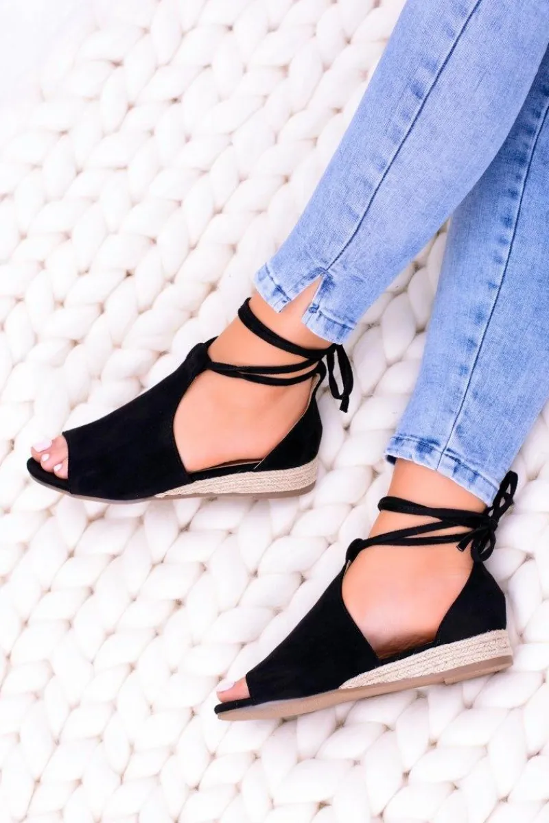 Best Czarne Zamszowe Sandały na Lekkim koturnie Espanoso Damskie Sandały Płaskie