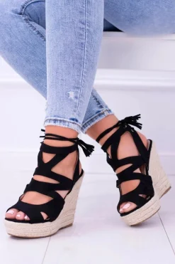 Sandały Na Koturnie>Boto Czarne Zamszowe Sandały Na Koturnie Nowelio