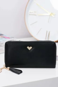 New Czarny Damski Duży Portfel Brelok Złote Serce Portfele