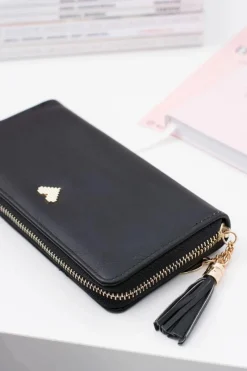 New Czarny Damski Duży Portfel Brelok Złote Serce Portfele