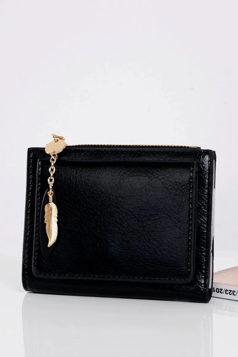 Portfele>Boto Czarny Portfel Damski Portmonetka Złote Piórko
