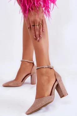 Best Boto Czółenka Błyszczące Na Obcasie Z Dżetami Różowe Złoto Castor