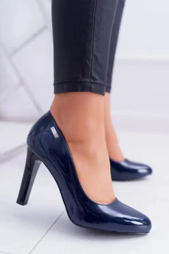 Online Buty Sergio Leone Czółenka damskie Lakierowane Granatowe Na Słupku Sergio Leone Campbell