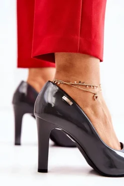 Discount Buty Sergio Leone Czółenka Damskie Lakierowane Na Słupku Ciemnoszare Campbell