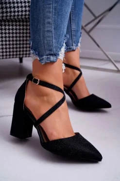 Czółenka Na Słupku>Boto Czółenka Damskie Na Słupku Brokatowe Czarne Perset