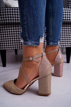 Boto Czółenka Damskie Na Słupku Brokatowe Champagne Perset